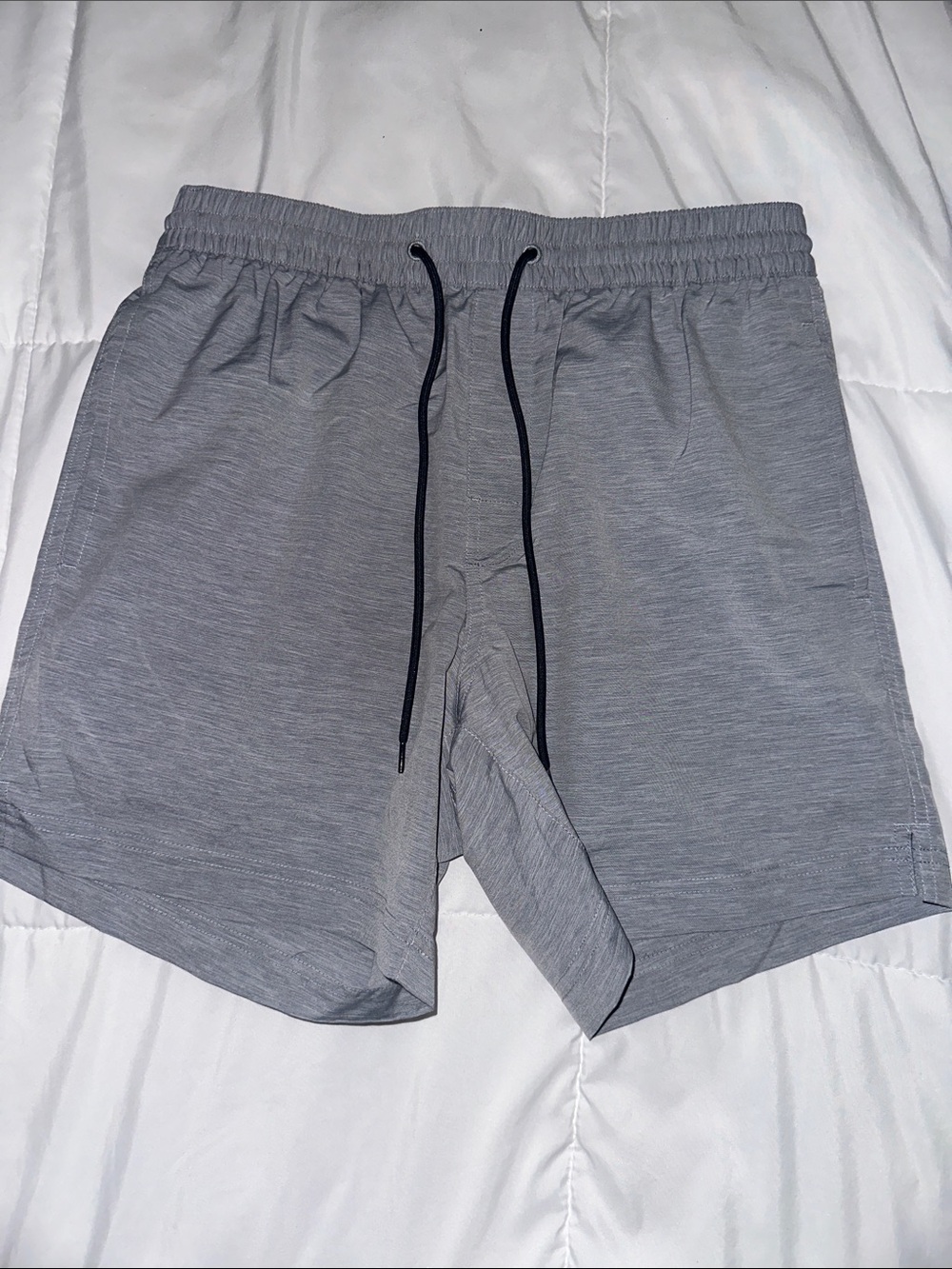ROWM Men's Grey Swim Trunks with Elastic Waist and Black Drawstring
